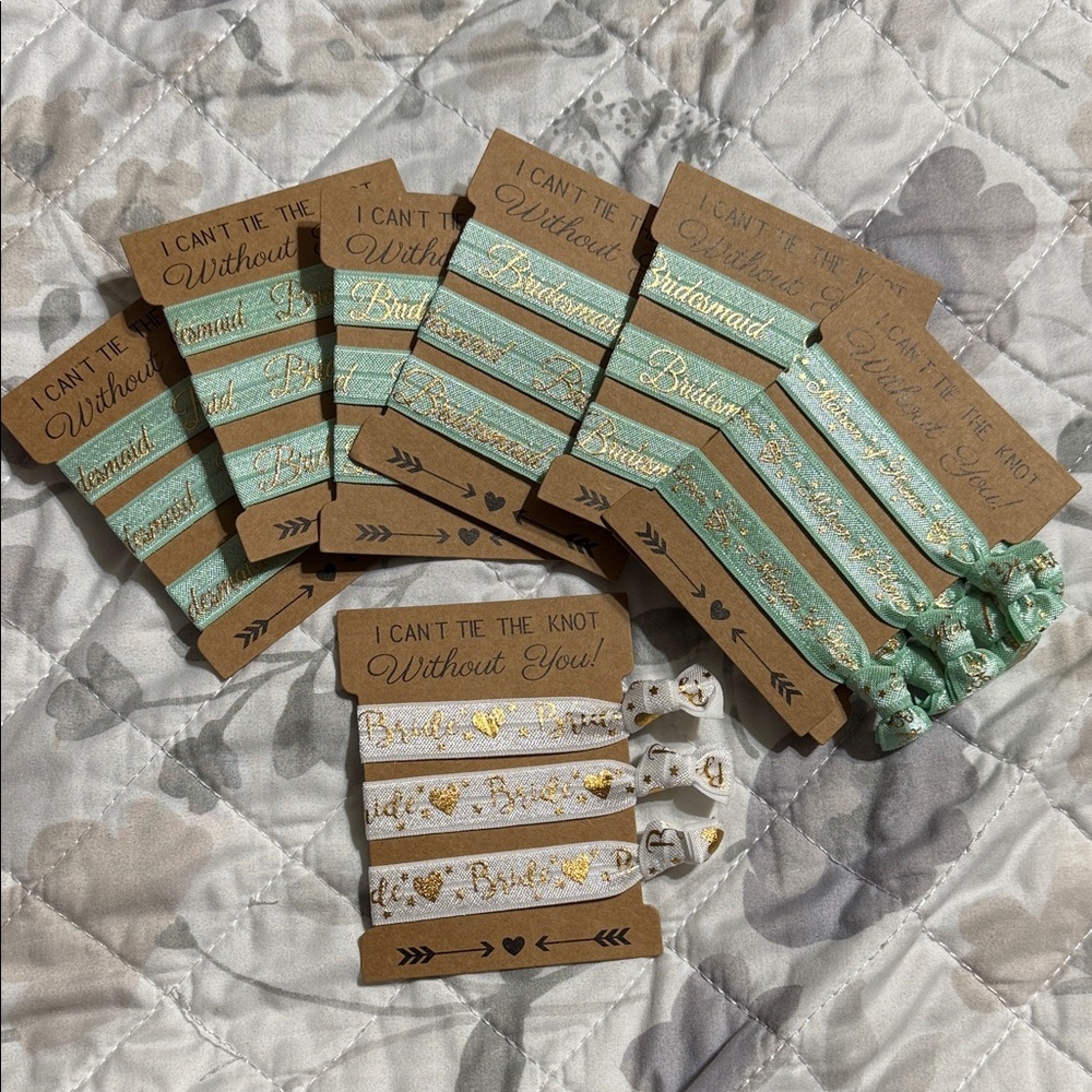 Mint and White Bride and Bridesmaids Hair Ties with Gold Accents